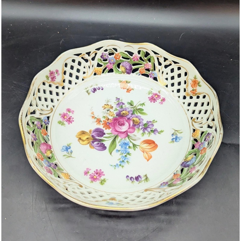 VINTAGE Schumann Arzberg Dresden Floral Pierced Round Dish Bowl Germany 10"